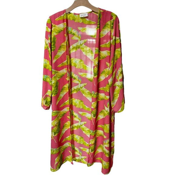 Aura The Label Tropical Leaf Print Open Front Kimono Cover-Up M NWOT - Picture 2 of 11